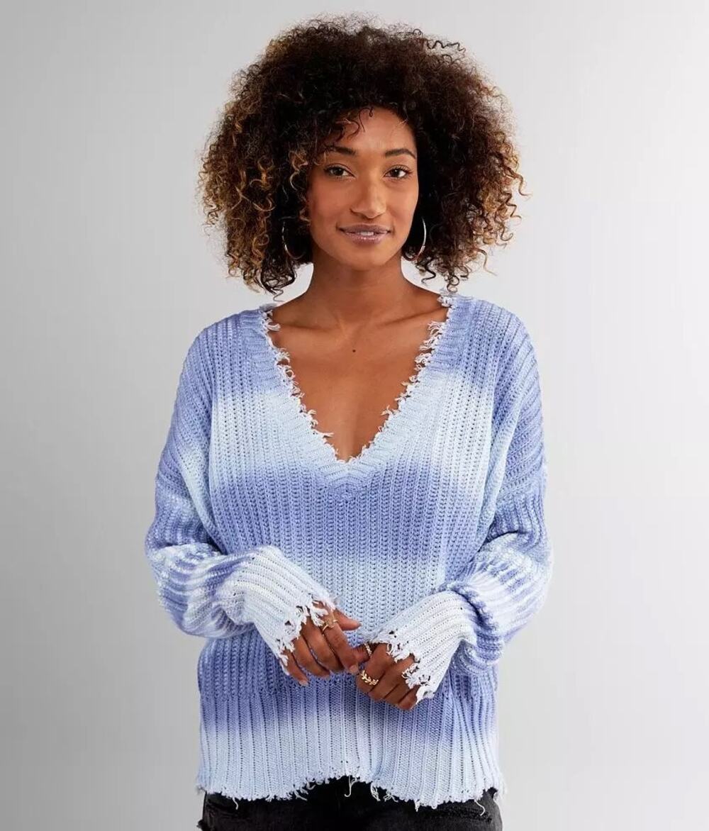 White Crow Women's Periwinkle Fade Ombre Stripe V-Neck Blue Sweater | Size Large